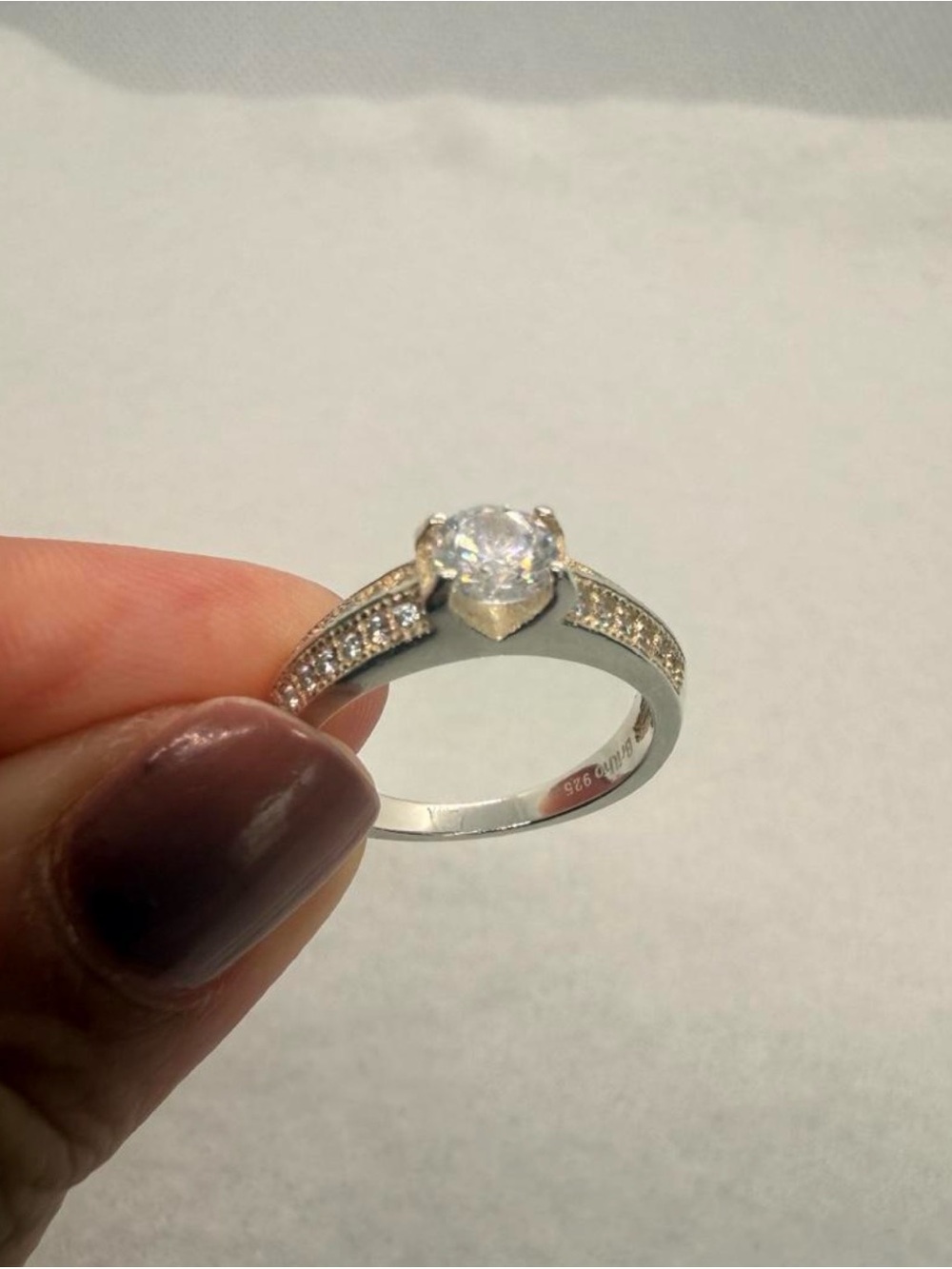 925 Sterling Silver Clear Cubic Zirconia Solitaire Ring with Pave Band